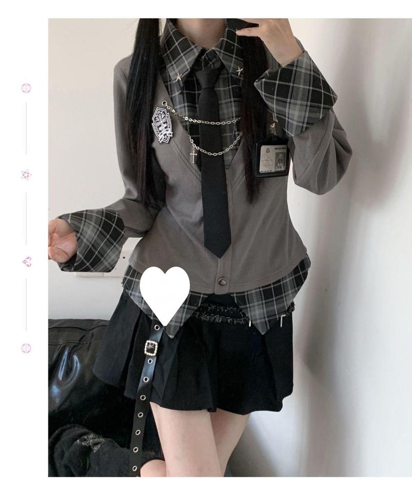 Japanese Academy Plaid Patchwork Waist-Cinched Shirt + Pleated Skirt Set
