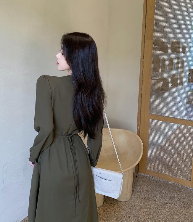 Plus Size Women's Autumn V-neck Waist-cinching Long-sleeved Slimming Dress