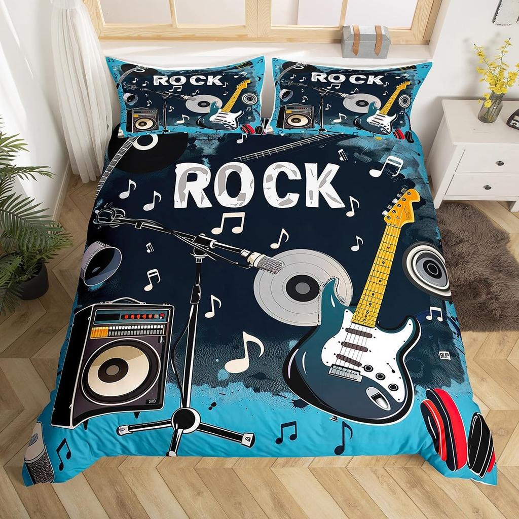 Guitar Duvet Cover Full Queen Tropical Blooming Floral Bedding Set For Kids Music Lover Musical Quilt Cover With 2 Pillowcases