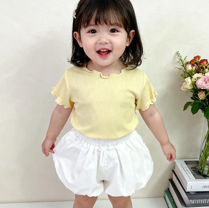 HD Korean Style Girls' Summer Striped Ruffle Trim Toddler Top - Sweet Candy Color Short Sleeve T-Shirt
