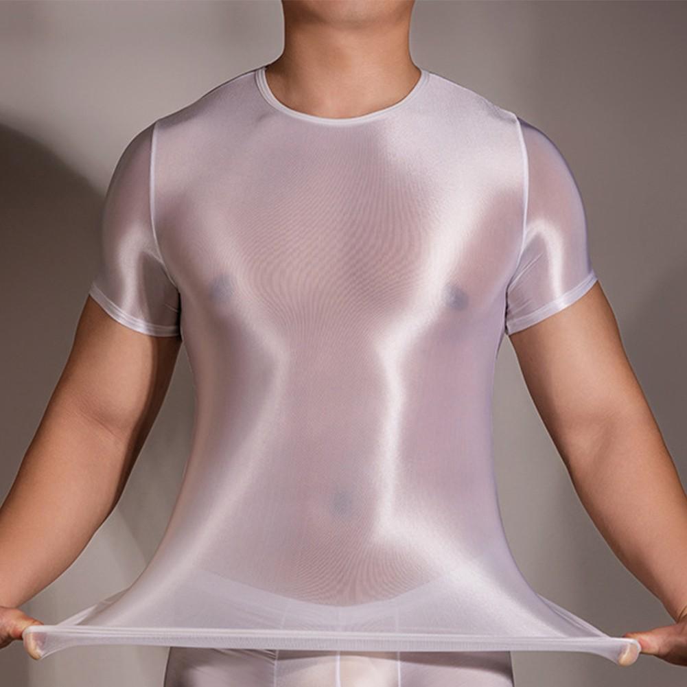 Comfortable Mens T-Shirt Male Nylon See Through Sheer Shiny
