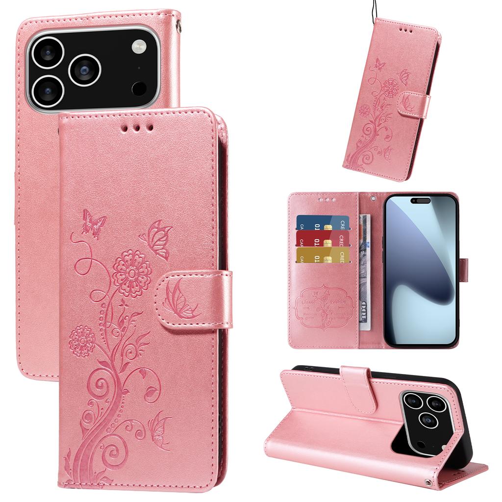 For iPhone 17 Pro Leather Case Butterfly Floral Imprint Wallet Stand Cover