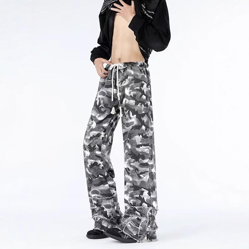 American Retro Dirty Dyed Camouflage Overalls Men's Vibe Trendy High Street Niche Destruction Stacking Wide Leg Casual Pants