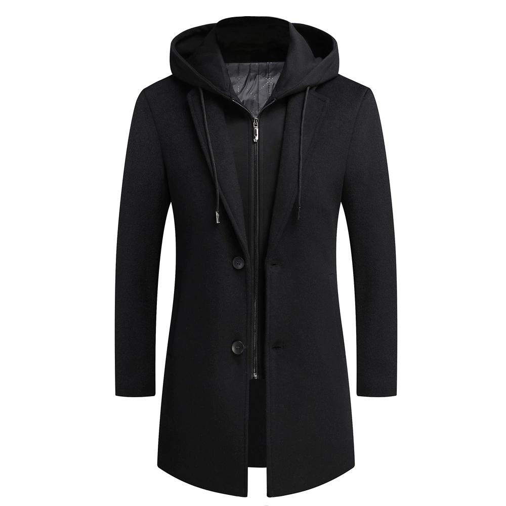 Autumn Winter Men Hooded Wool Jacket Autumn Mens Long Windproof Wool Coat Casual Thick Slim Jacket Male Size