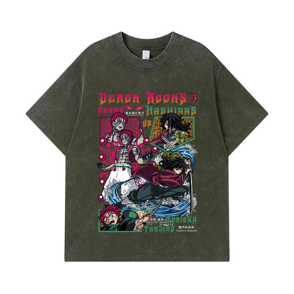

275 GSM Washed T-shirts 100% Cotton Demon Slayer V91 Akaza x Tomioka Print Unisex Heavy Cotton T Shirt S армия зеленый