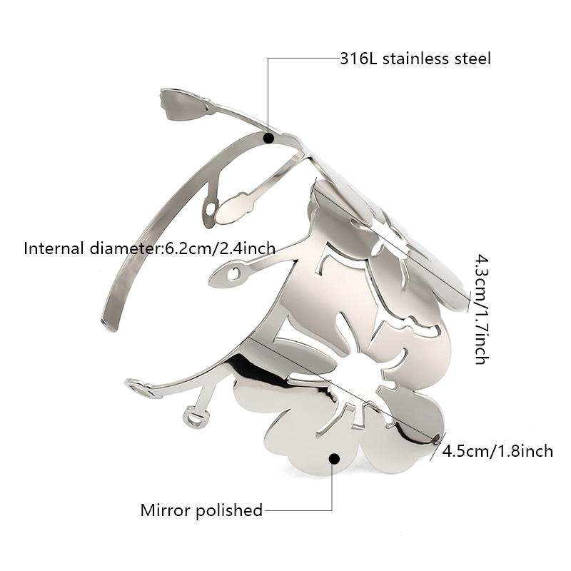 Fashion Exaggerated 316L Stainless Steel Bracelet Hollow Flower Cuff Bangle Silver Plated Statement Jewelry