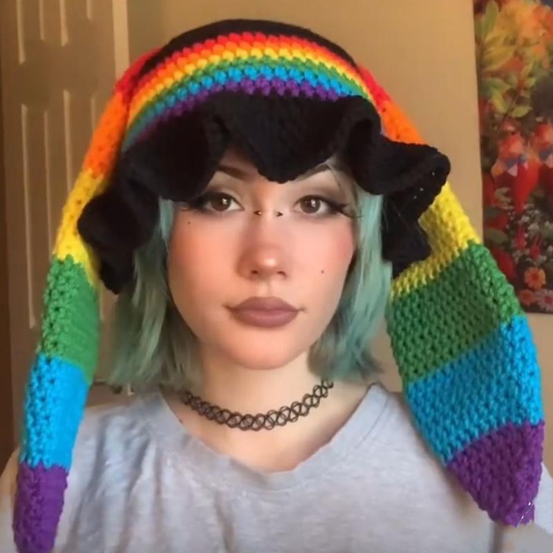New Hand Knitted Embroidered Big Brim Hollow Fisherman Hat Showing Face Little Cute Knitted Hood