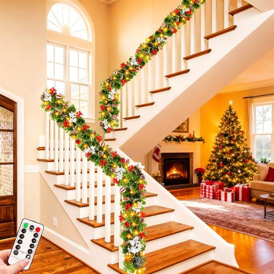 9 FT Christmas Garland with Lights 50 LED Lights 8 Modes Lighted Artificial Pine Garland with Pine Cones Red Berries for Mantel Fireplace Indoor