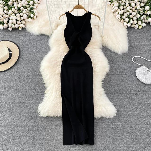 Vestido de Punto Minimalista sin Espalda para Mujer Verano SSólido de Punto sin Mangas Ajustado sin Mangas Sexy Bodycon Vestido Camiseta