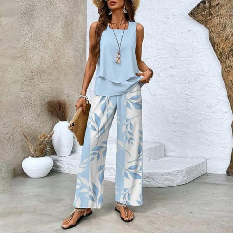 Women's Loose Fit Two Piece Outfit Sleeveless Tank Top High Waist Wide Leg Pants Set With 3D Abstract Print For Casual Summer Daily Wear