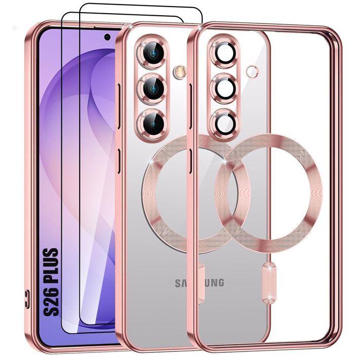 Coque pour Samsung Galaxy S26 Plus, avec Cercle Magnétique Rose Effet Brillant - 2 Verres Trempés