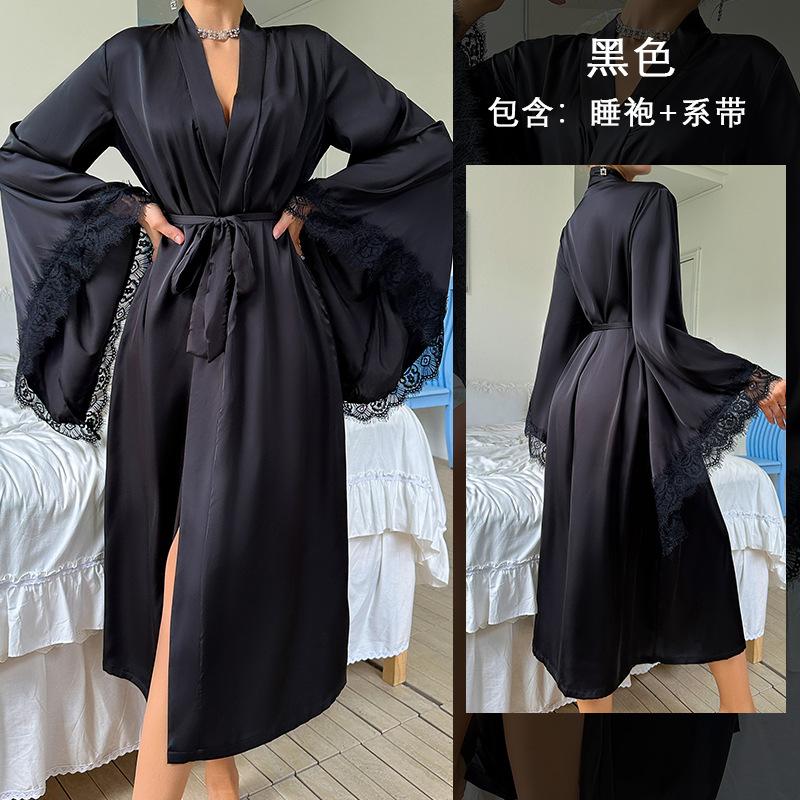 New Satin Pajamas Women's Lace Light Luxury Long-sleeved Cool Nightgown Bathrobe Women's Clothing