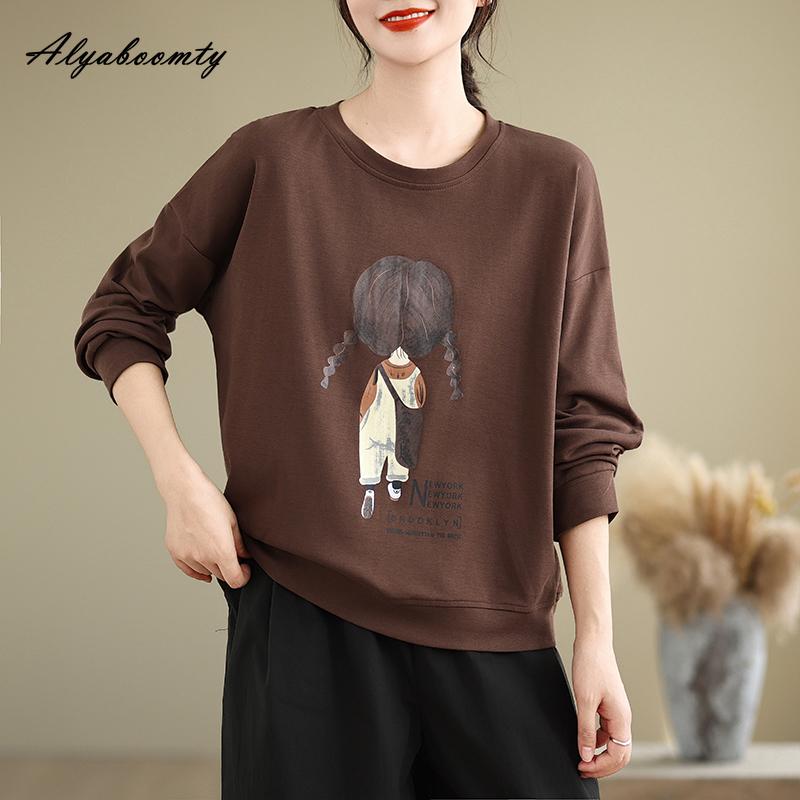 

Корейский стиль осень-весна женские толстовки с капюшоном O-образным вырезом повседневный свободный пуловер с мультяшным принтом и буквами серый коричневый уличный женский пуловер One Size