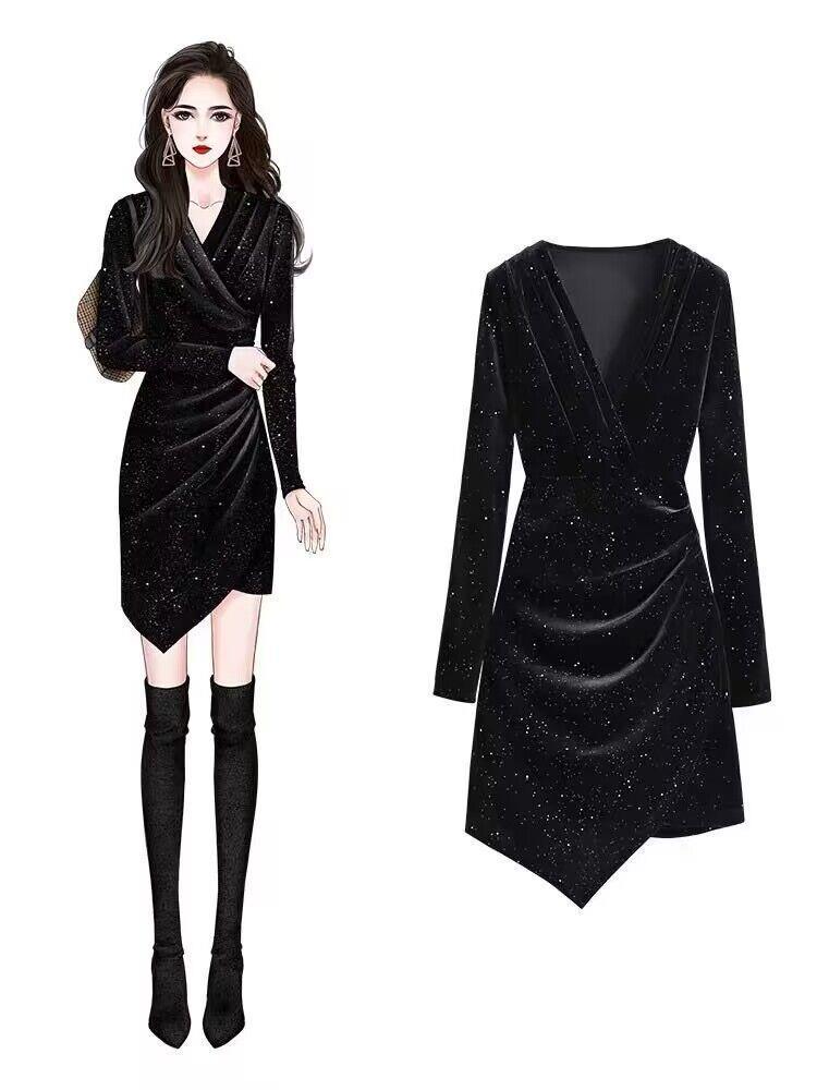 Golden Velvet Slim Fit Little Black Dress - Elegant Petite Short Skirt (2025)