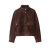Womens Suede-Trimmed Pilot Jacket With Front Pocket Detail Classic Stand Collar Zipper 2025