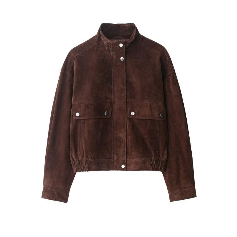 Womens Suede-Trimmed Pilot Jacket With Front Pocket Detail Classic Stand Collar Zipper 2025
