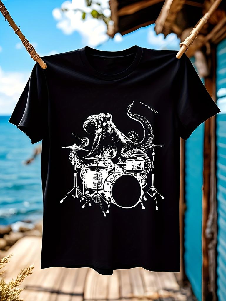 Lustiges Oktopus-Schlagzeuger-Band-Grafik-T-Shirt Weiches Alltags-T...