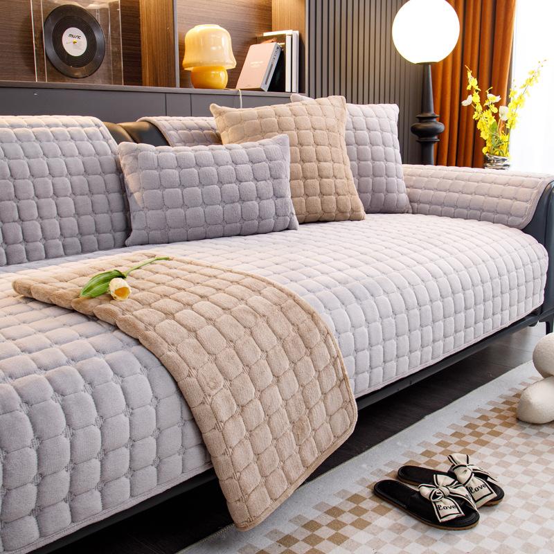 Flannel Plaid Sofa Cushion Winter Light Luxury High-End Plush Seat Cushion Simple Versatile Leather Sofa Cover Cross-Border