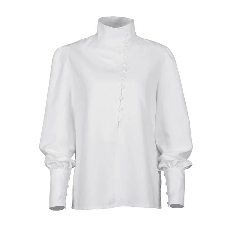 

Stand up Collar Diagonal Button Shirt for Women Loose Long Sleeves WHITE XL