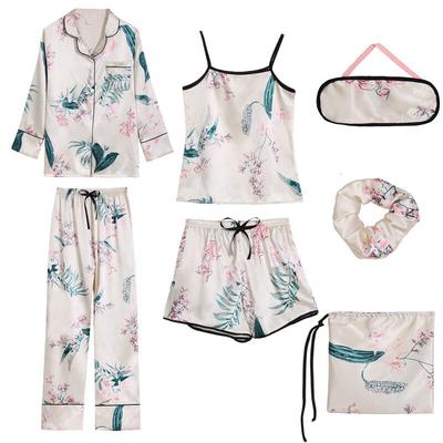 7 Pieces Set Women Pajamas Ice Silk Printing Fashion Long Sleeve Sleepwear
