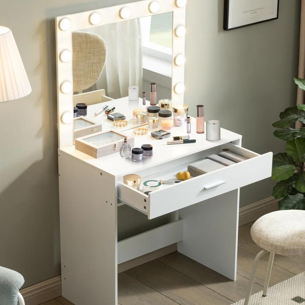 US Vanity Desk With Mirror And Lights Dressing Table With Drawer 3 Adjustable Lighting Modes LED Mirror Vanity Table For Bedroom