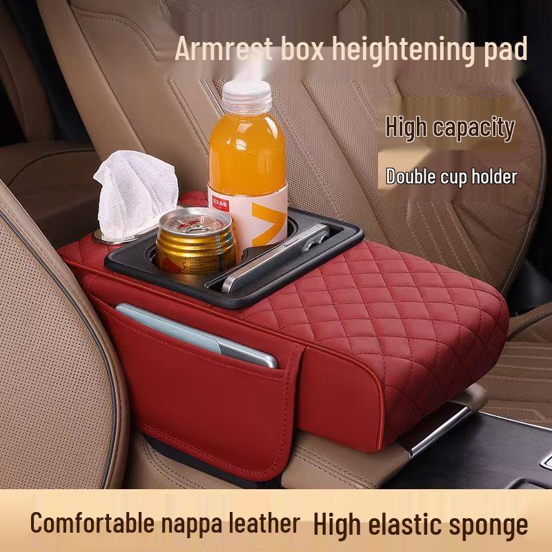 Nappa Leather Car Armrest Storage Pad with Double Cup Holders & Phone/Tissue Slots