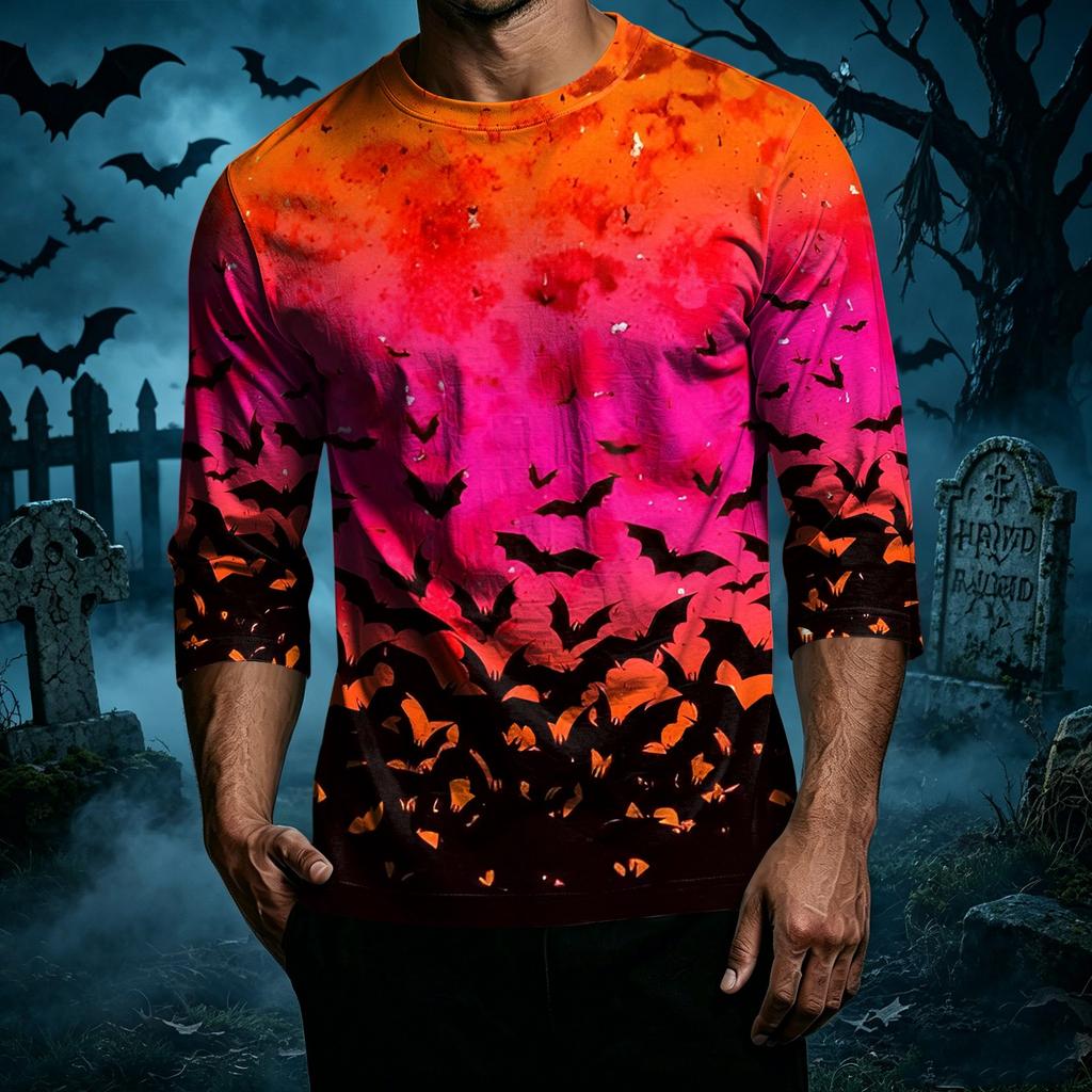 Men's Casual Halloween Print Crew Neck T-Shirt Three Quarter Sleeve Top Lightweight Comfortable Fit