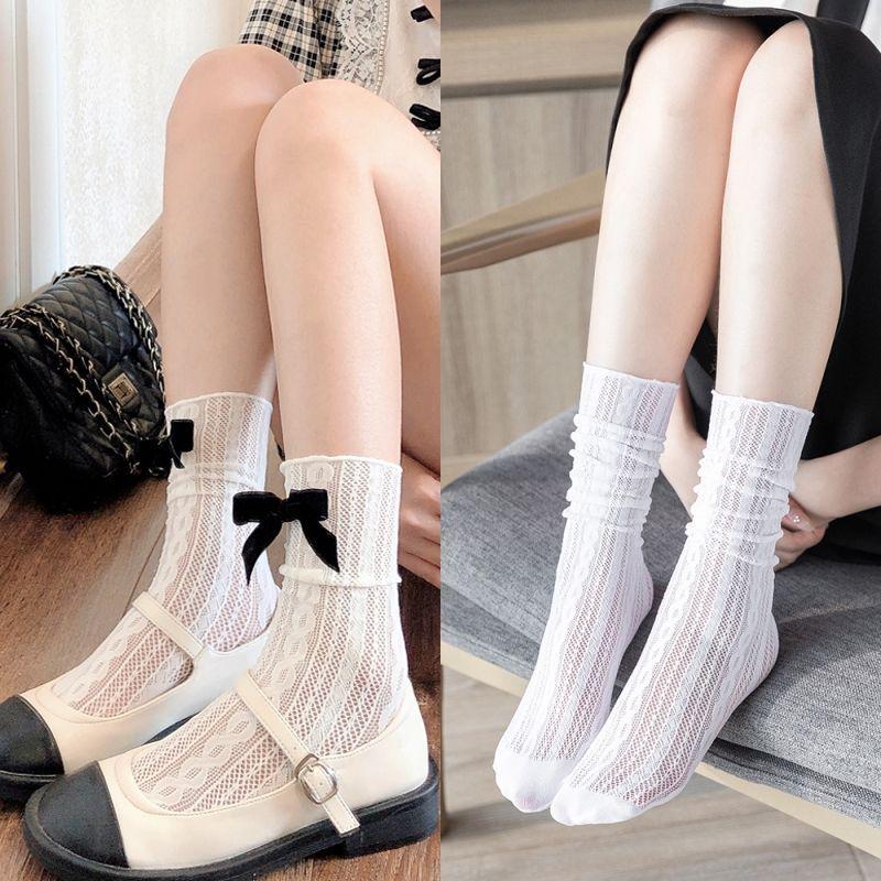 Damen Sommer Spitzen Schleife Netz Socken - Vertikales Muster, Netzmuster, Kurze Wadenlänge