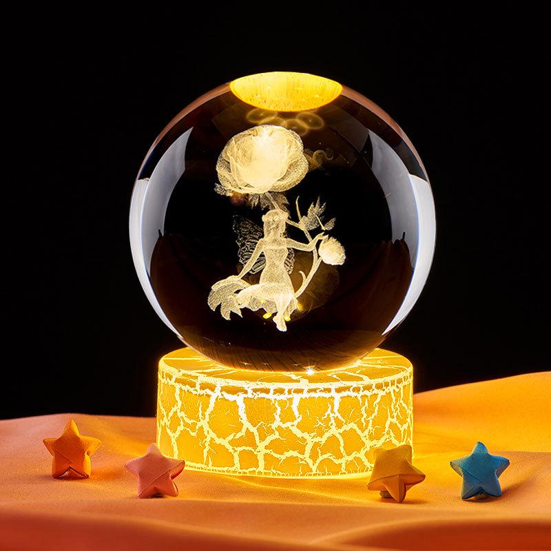 Flower Fairy Laser Engraved Crystal Ball Night Light - Perfect Gift for Classmate or Best Friend's Birthday.