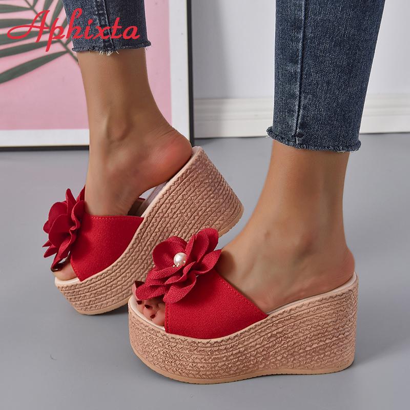 Fashion Aphixta Summer 9cm Wedge Heels Slippers Women Big Pearl Bead Flowers Cow Suede Bow Mulers 4cm Platform Sandals Clog Shoes Slides