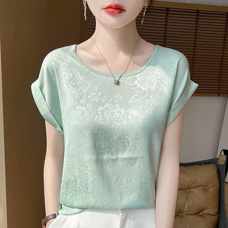 Women's Summer New Style Round Collar Temperament Dark Flower Short Sleeve All Match Short Section Top