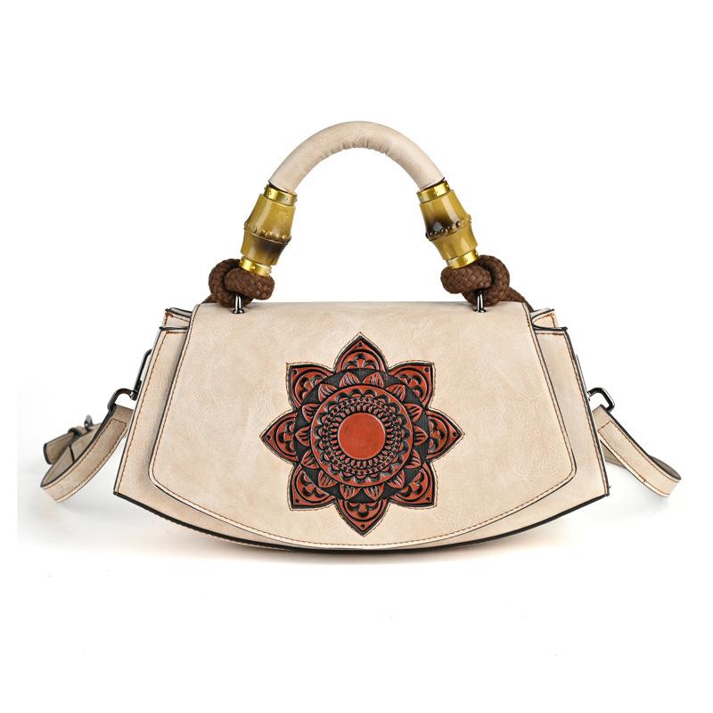 Vintage Embossed Leather Handbags for Women Designer Crossbody Shoulder Bag with Top Handle Chinese Style Handmade Purse 2025