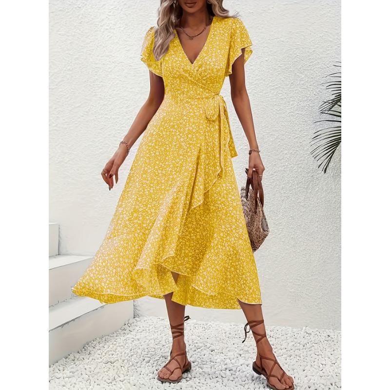 Women Summer New V-Neck Cardigan Tie Short Sleeve Bohemian Swing Vacation Dress