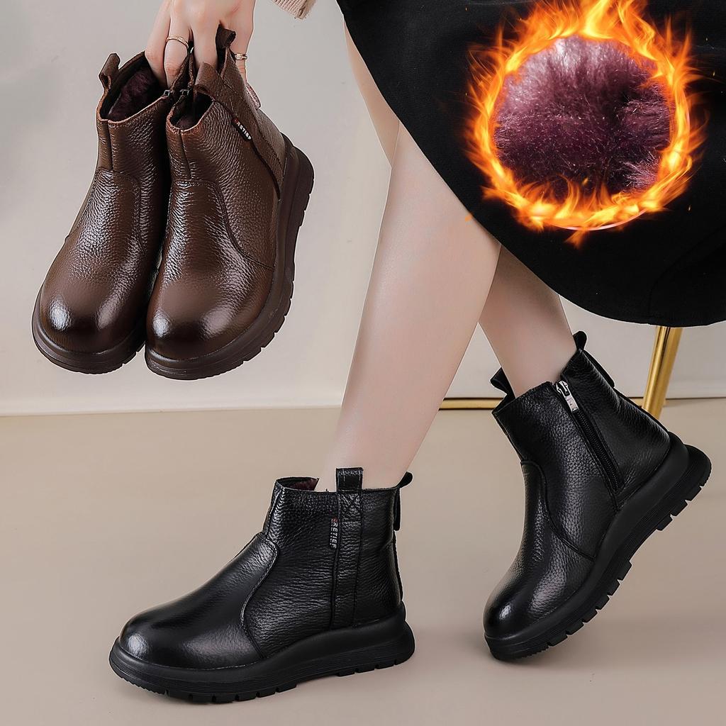 Women's large size soft sole winter warm non-slip cowhide leather snow boots padded wool lined ankle boots waterproof outdoor sports cotton boots