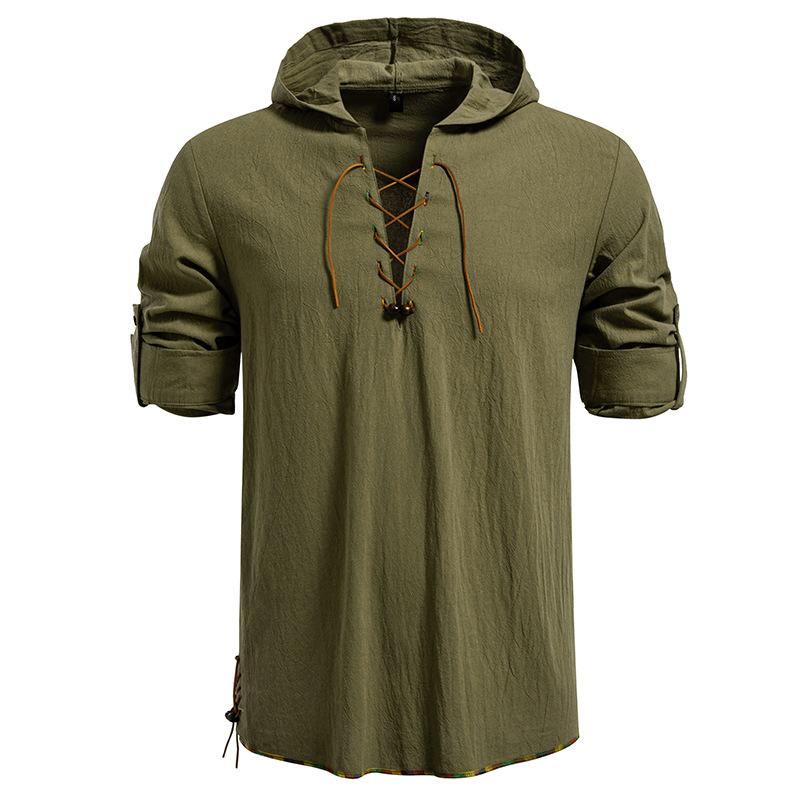 

Мужская рубашка с капюшоном на шнуровке, повседневный ретро-топ для мужчин, весна-лето, регулируемый рукав, многоцветная мужская блузка XXL зелёный