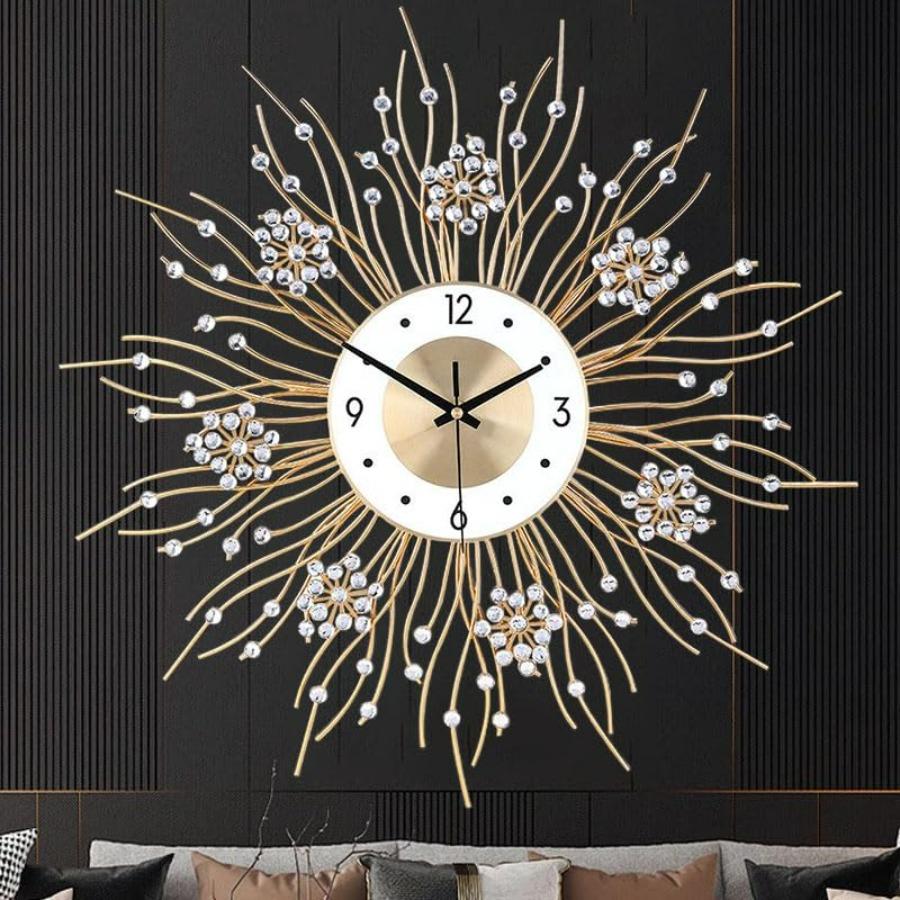 Large Silent Sunflower Shape Wall Clock Iron Metal Modern Non-Ticking Round Dial 27.5 Inch Chic Decorative Clock for Living Roo