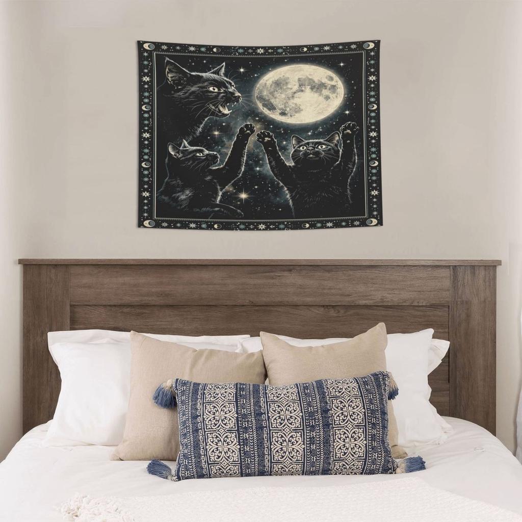 Halloween Black Cats Tapestry Hippie Polyester Wall Hanging Witchy Mystical Moon Wall Decor Curtain Art Wall Tapestry