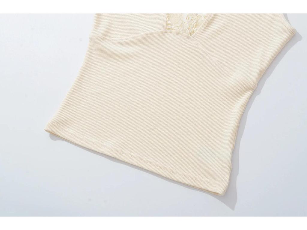 Lace V-Neck Ribbed Cotton Camisole: High-Elastic Slimming Tank for Spring/Summer 2025