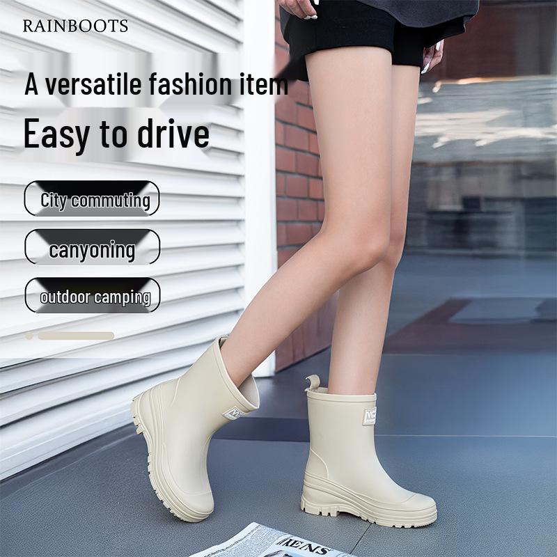 Women's Waterproof Velvet-Lined Mid-Calf Rain Boots: Drawstring, Wear-Resistant, Non-Slip Rubber for Cross-Border Fashion
