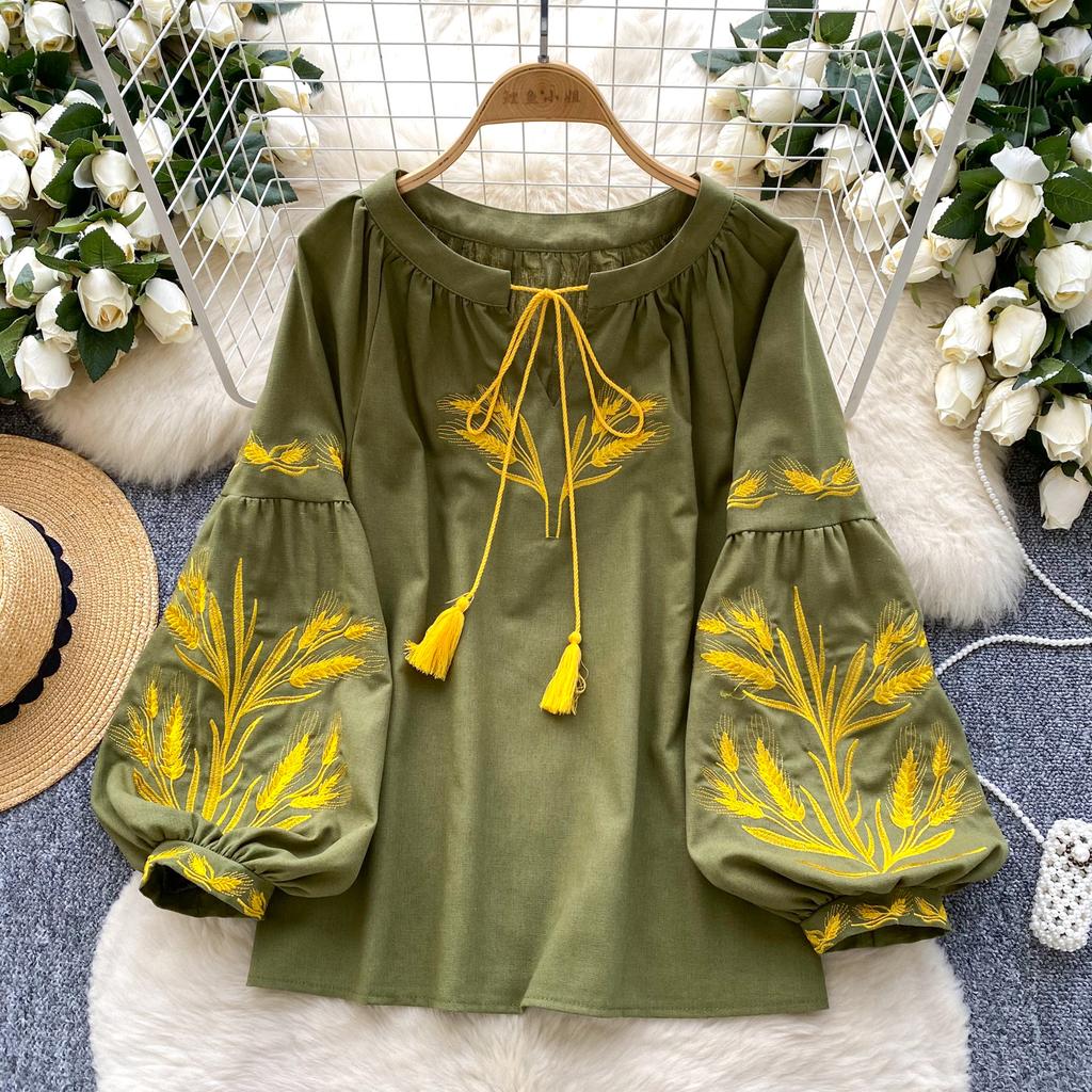 Fashion Blouse for Women Lantern Sleeve Loose Bandage Shirts Vintage Embroidery Spring Blouses Tops