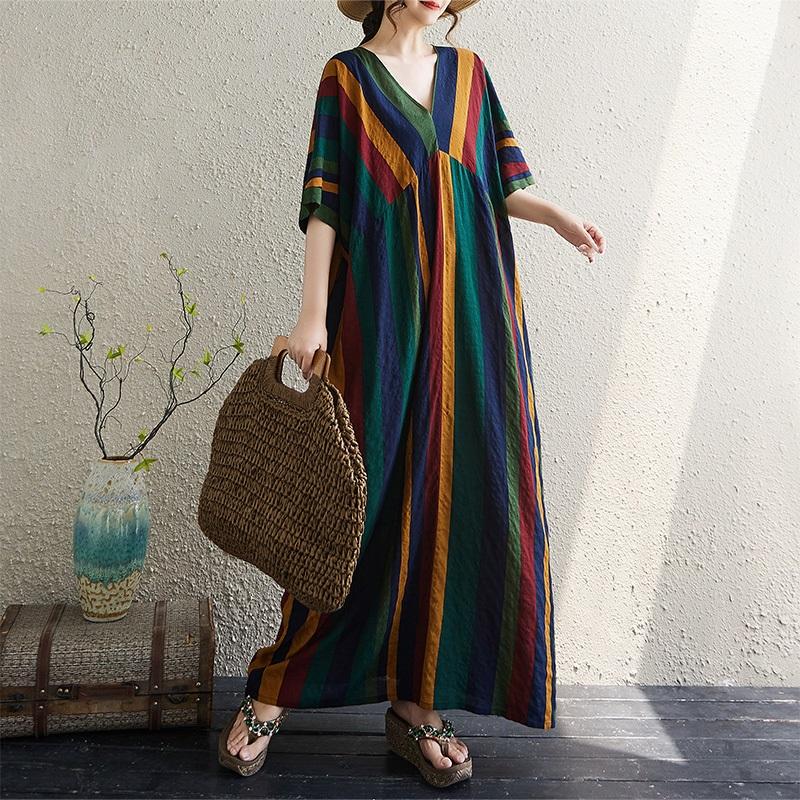 Short Sleeve Plus Size Cotton Vintage Stripe New In Dresses for Women Casual Loose Long Summer Dress