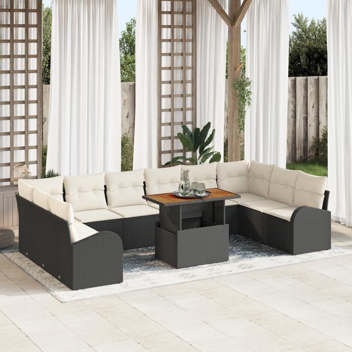 VidaXL Ensemble de salle à manger de jardin 11 pièces avec coussins en rotin poly noir acacia 3349634