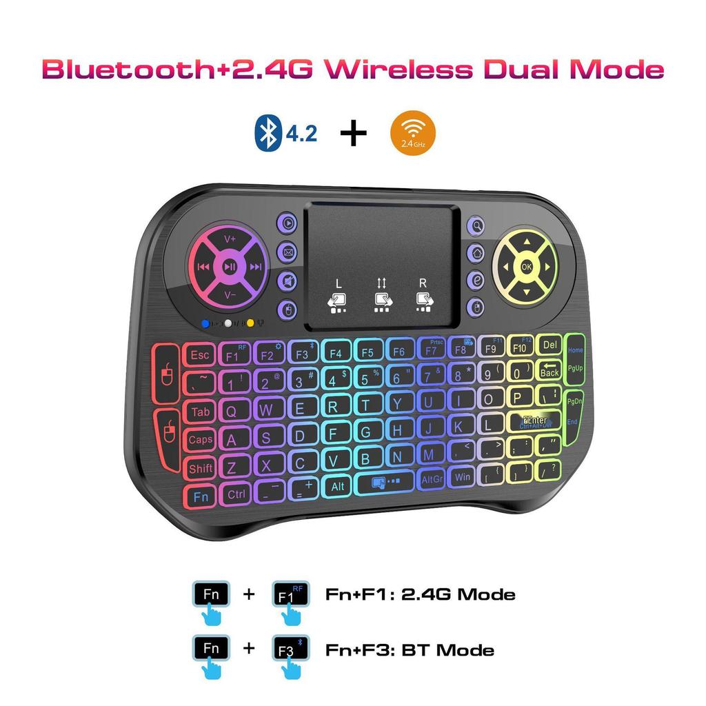 i10 Mini Wireless Keyboard & Air Mouse with 2.4G Touch, Touchpad Backlight, and Seven-Color LED Lights