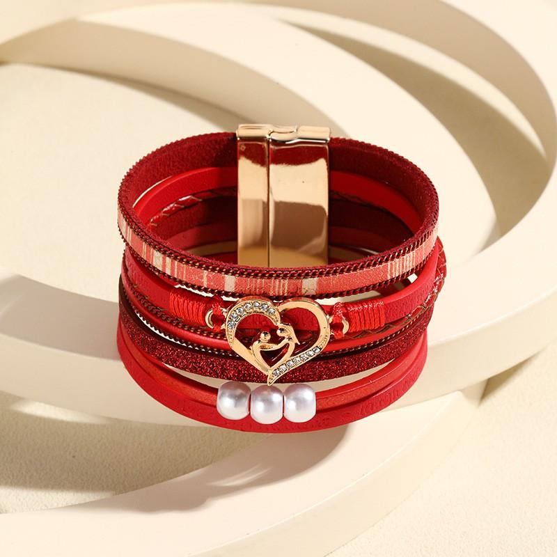 Boho Layered Leather Bracelet With Heart Charm Adjustable Opening Bangle Women Girls Fashion Accessory