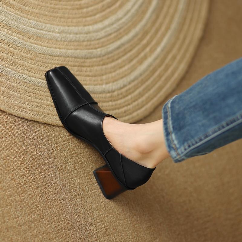 Fashion Women's New Spring and Autumn Square Head Vintage Genuine Leather Cowhide Comfortable High Heel Deep Mouth Oxford Single Shoes