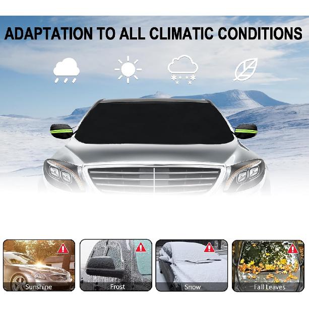 Car Windshield Cover for Ice and Snow, Frost Removal Wiper Protector, All Weather Waterproof Sunshade Snow Cover with Side Mirrors Cover Fits Most