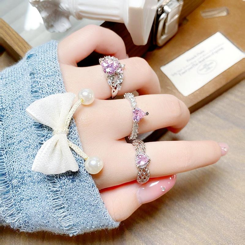 Sweet Full Diamond Pink Love Zir*****Pen Ring Color Treasure Niche Light Luxury High Sense Stacking Wearing Personalized Ring Woman