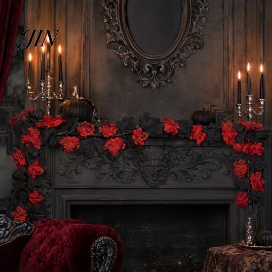 Autumn Retro Wall Art Artificial Maple Leaf Garland, Faux Vine, Black & Red Fall Flexible Rattan Garland Leaves Hanging Vine for Fireplace Front Door