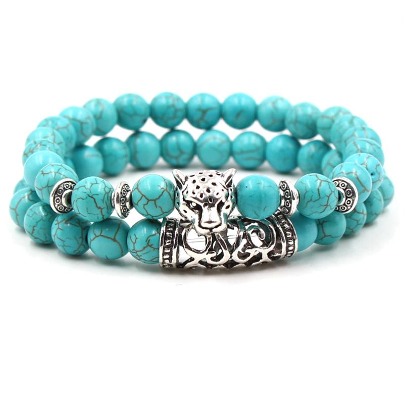 2PCS/Set Copper Color Buddha Head Lava Skeleton Turquoises Natural Stone Beads For Women Men Bracelet Set Charm Bangles