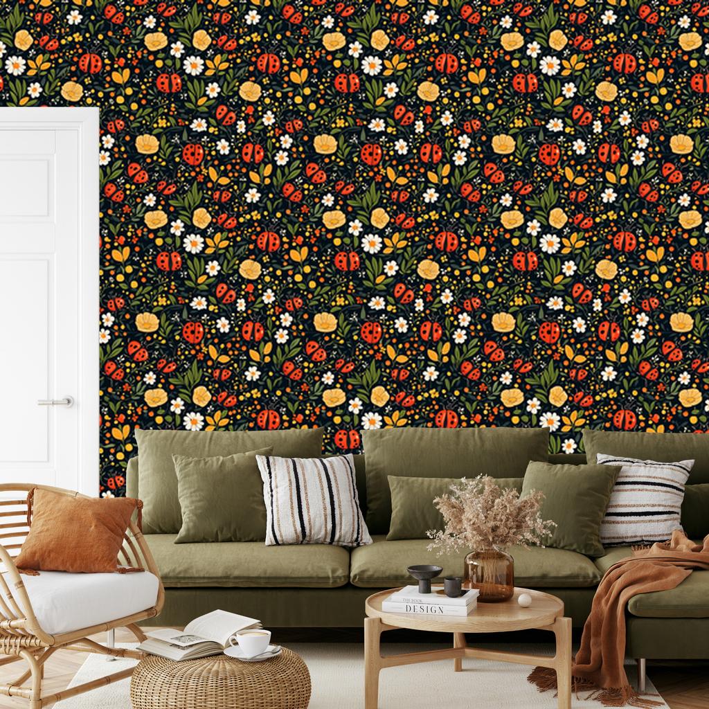 Ladybugs Olive and Ochre Wallpaper for Living Room and Bedroom 50x1000